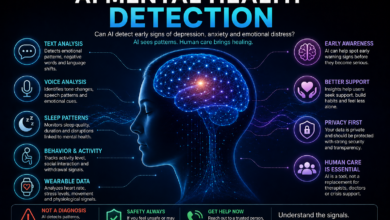 AI mental health detection showing early warning signs of depression, anxiety, emotional distress, wearable data, privacy, and human care.