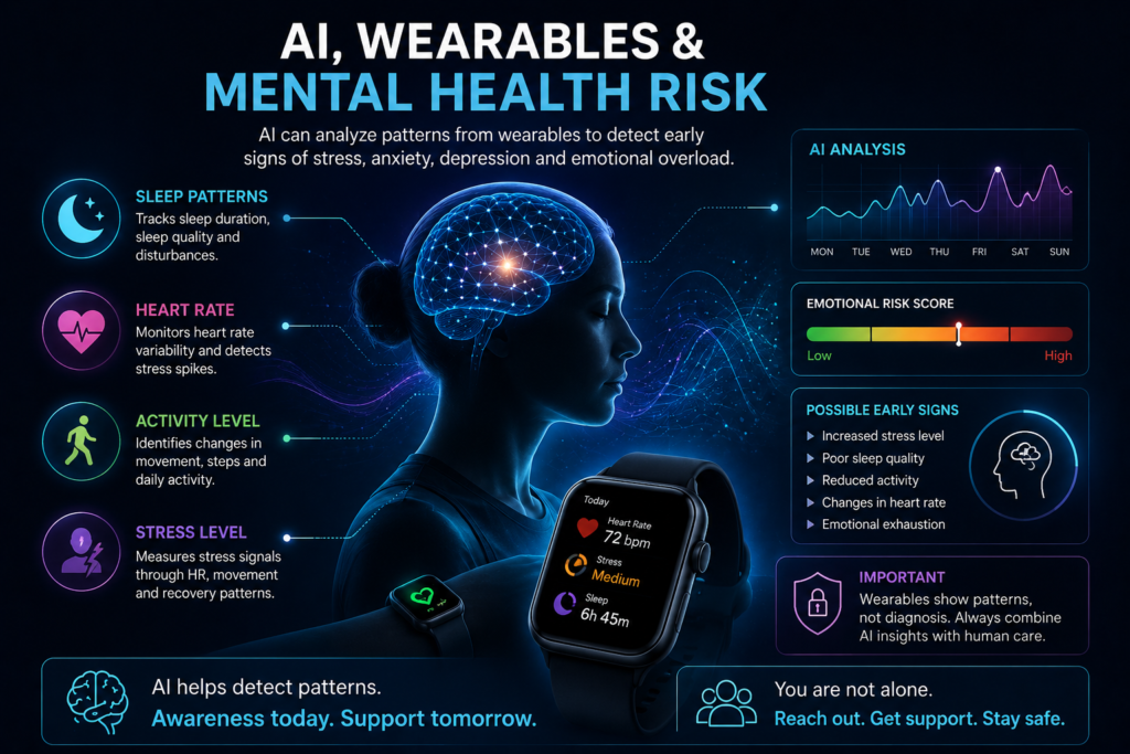 AI mental health detection using wearable data to track sleep, heart rate, stress signals, anxiety patterns, and emotional risk.