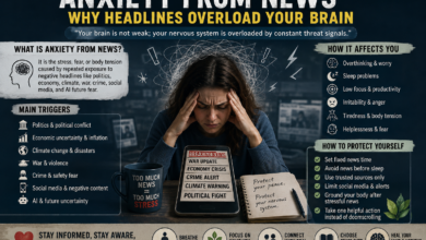 Anxiety from news causing news anxiety, doomscrolling anxiety, nervous system overload, and media stress from constant bad news headlines.