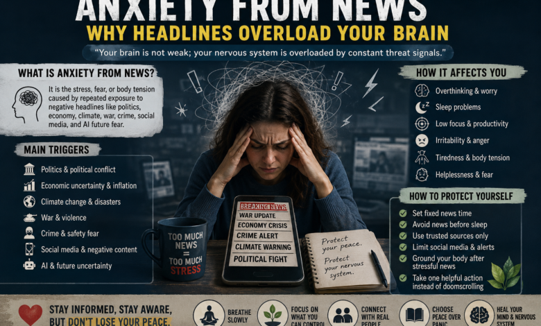 Anxiety from news causing news anxiety, doomscrolling anxiety, nervous system overload, and media stress from constant bad news headlines.