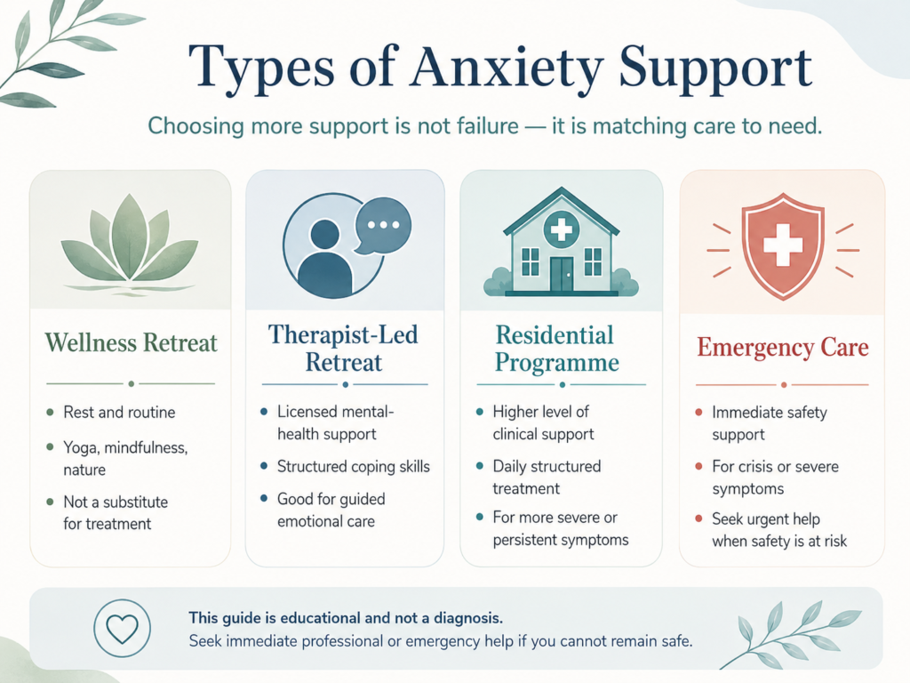 Comparison of wellness retreats, therapist-led anxiety programmes, residential treatment and emergency mental-health care