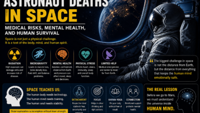 Astronaut deaths in space infographic showing medical risks of space travel, astronaut mental health, psychological effects of space travel, and the human body in space