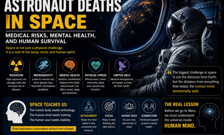 Astronaut deaths in space infographic showing medical risks of space travel, astronaut mental health, psychological effects of space travel, and the human body in space