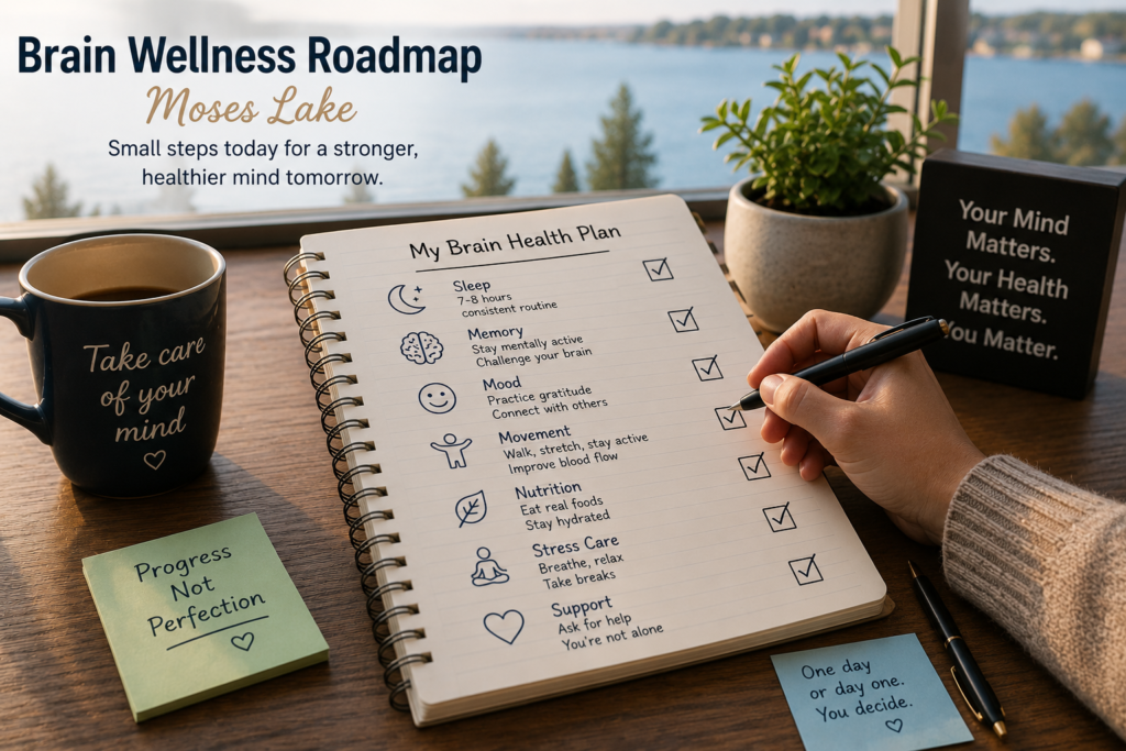 Brain wellness Moses Lake roadmap showing sleep, memory, mood, movement, nutrition, stress care, and support habits.