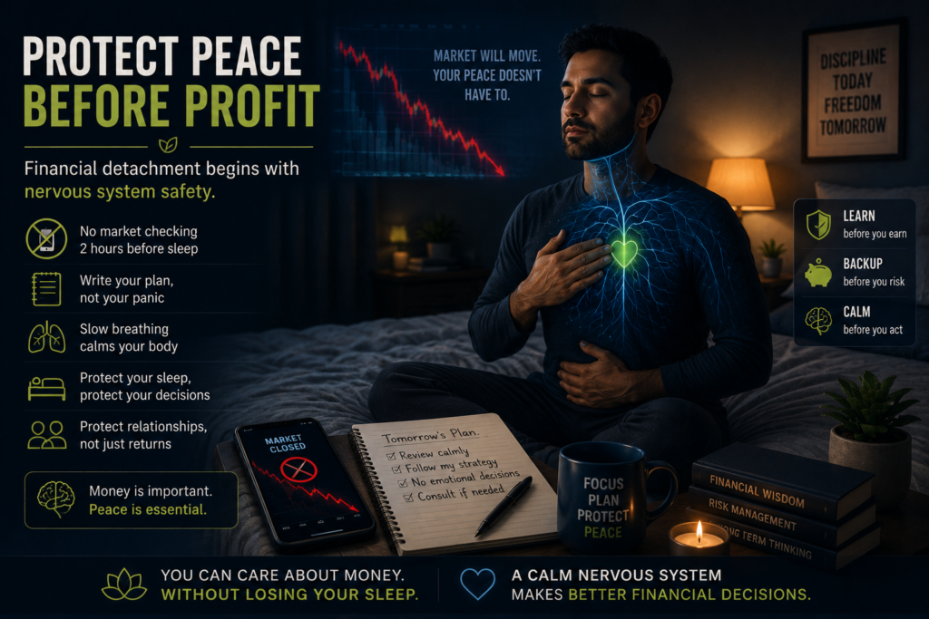 Financial detachment for stock market anxiety and sleep showing calm breathing, no market checking, and nervous system safety
