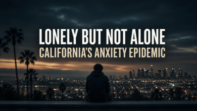 Lonely person looking over a California city showing anxiety, loneliness, and emotional disconnection
