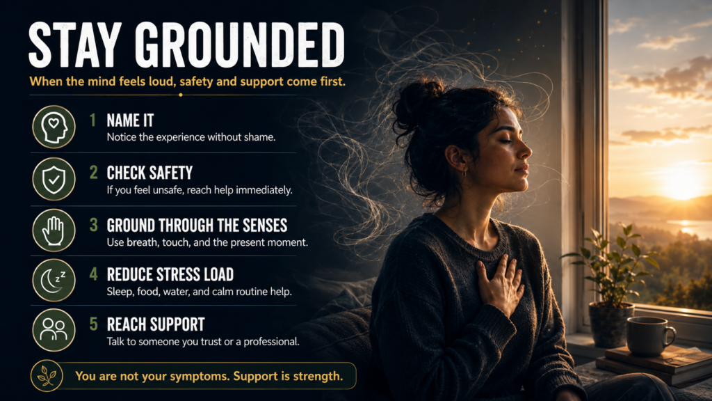 Voices in your head grounding steps with safety check, sensory grounding, stress reduction, and mental health support.