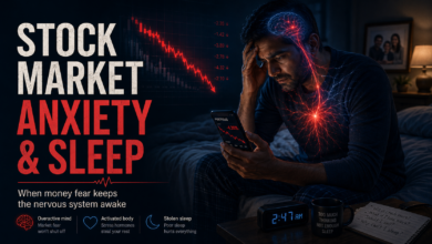 Stock market anxiety and sleep problems showing financial stress, money fear, and nervous system stress at night