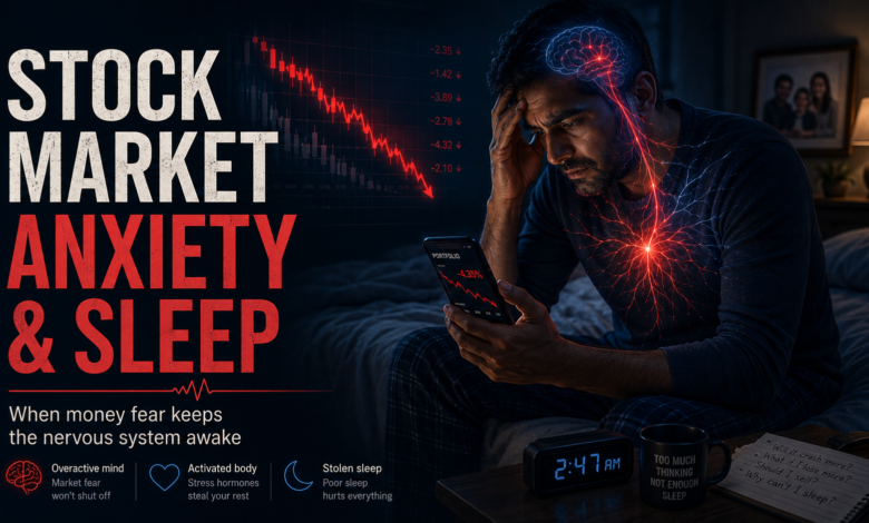 Stock market anxiety and sleep problems showing financial stress, money fear, and nervous system stress at night