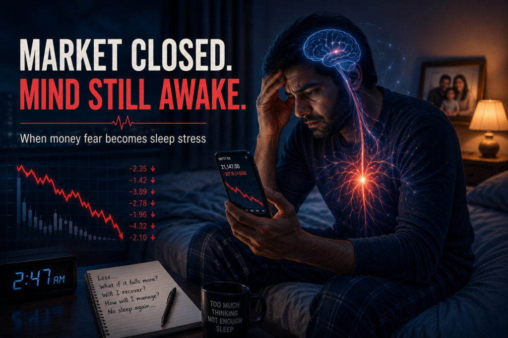 Stock market anxiety and sleep problems showing money fear, financial stress, and sleepless nights after market loss