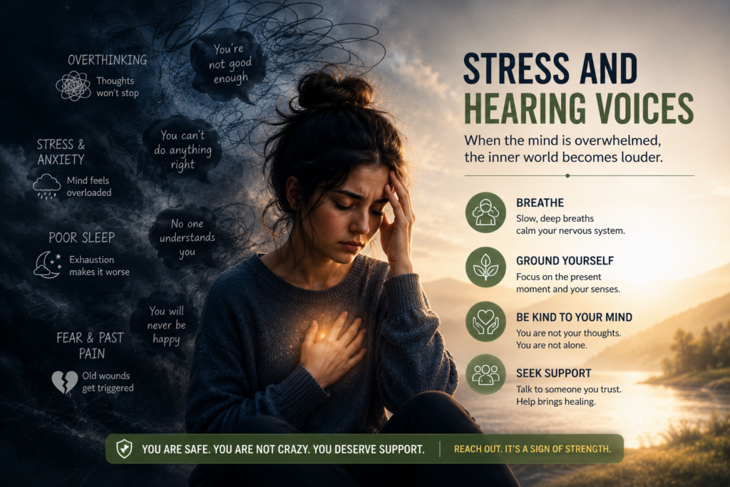 Stress and hearing voices explained with anxiety, poor sleep, trauma, grounding steps, and mental health support.