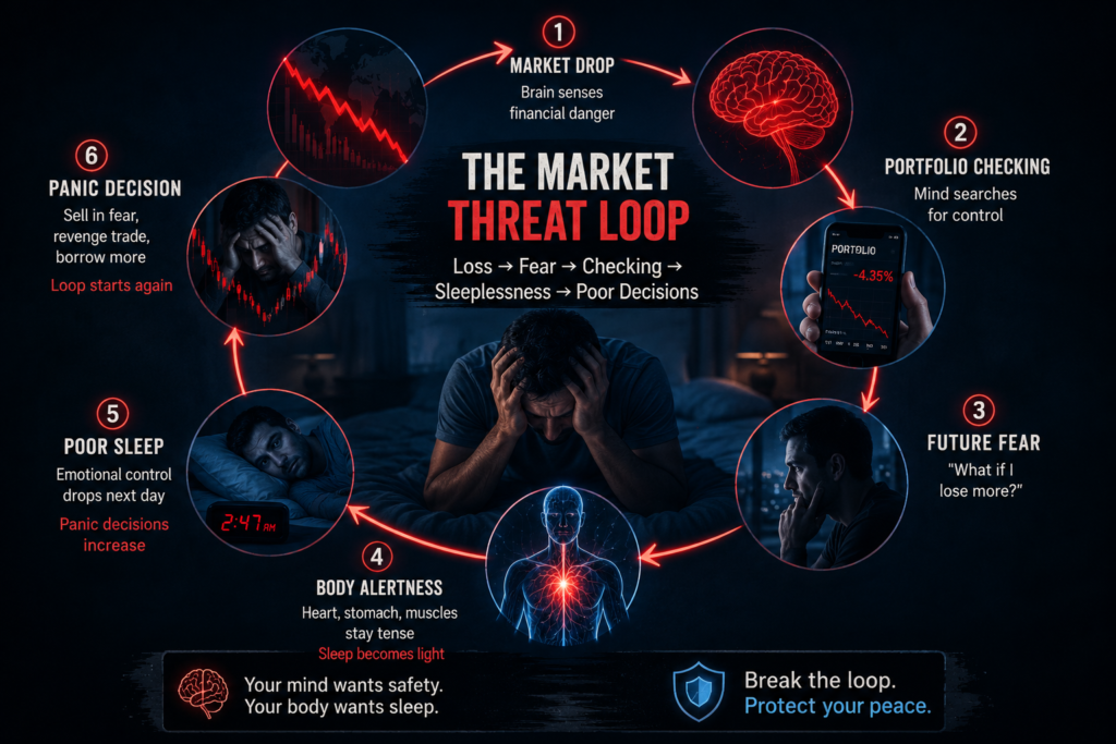 Stock market anxiety and sleep problems explained through market drop, portfolio checking, future fear, body alertness, poor sleep, and panic decisions
