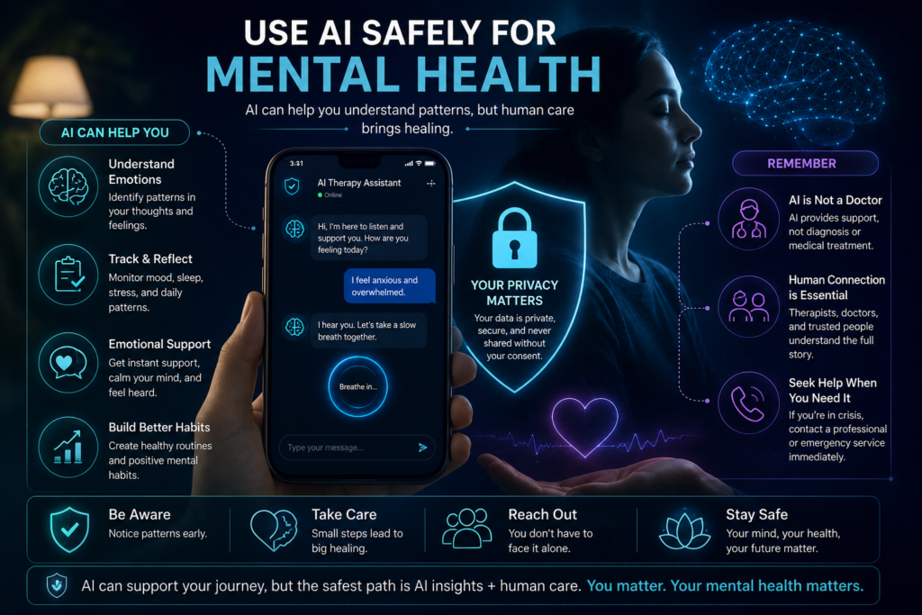 AI mental health detection showing safe AI use, privacy protection, emotional support, human care, and mental health crisis support.