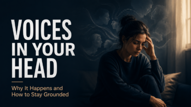 Voices in your head explained with hearing voices meaning, stress, intrusive thoughts, warning signs, and grounding support.