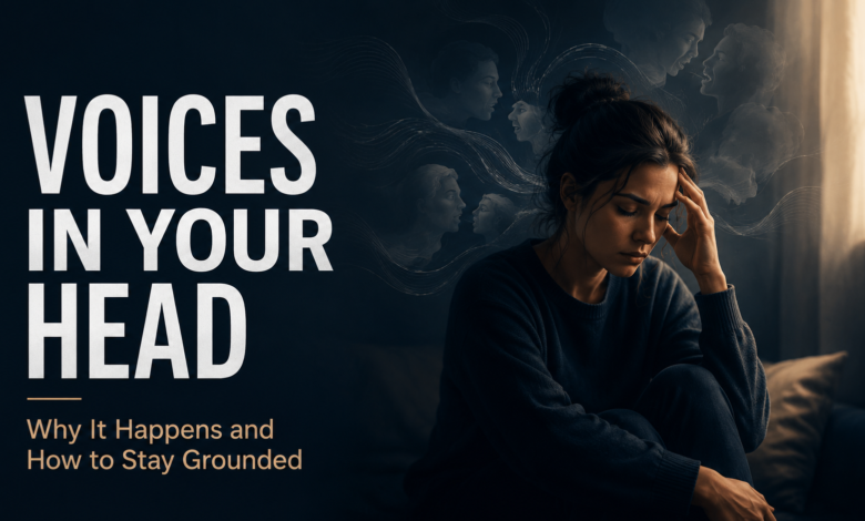 Voices in your head explained with hearing voices meaning, stress, intrusive thoughts, warning signs, and grounding support.