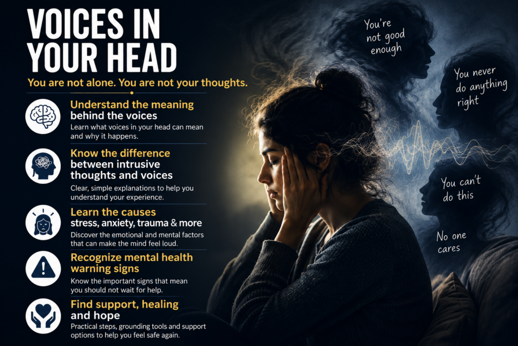 Voices in your head explained with intrusive thoughts, hearing voices meaning, stress, and mental health warning signs.