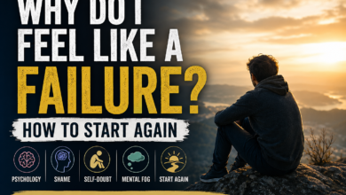 Person sitting alone at sunrise with text Why Do I Feel Like a Failure and How to Start Again, showing shame, self-doubt, mental fog, and recovery.