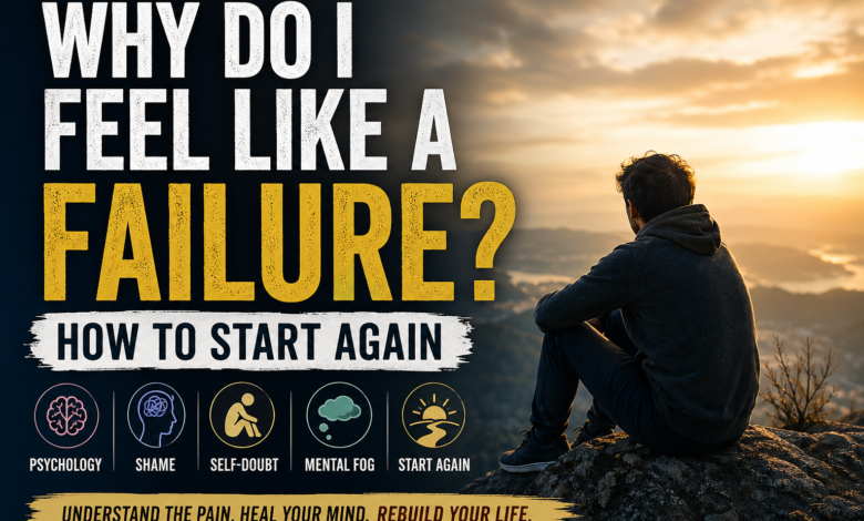 Person sitting alone at sunrise with text Why Do I Feel Like a Failure and How to Start Again, showing shame, self-doubt, mental fog, and recovery.