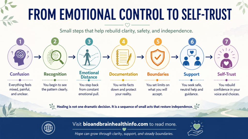 Recovery pathway from narcissistic behavior, emotional confusion and control to boundaries, support and rebuilt self-trust