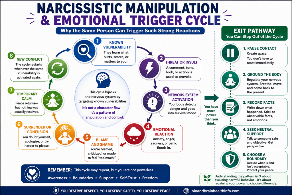 Diagram showing narcissistic manipulation using known vulnerabilities, emotional triggering, blame, confusion and control, with an exit pathway