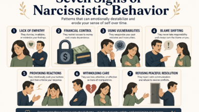 Infographic showing seven signs of narcissistic behavior, including lack of empathy, financial control, blame shifting, provoking reactions and withholding care