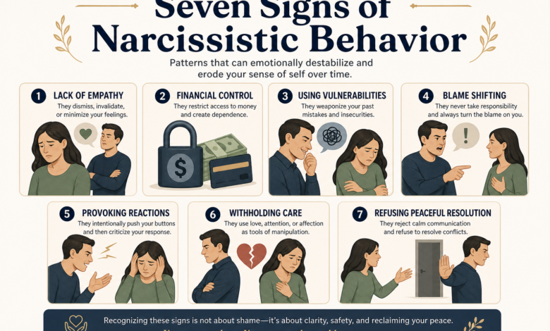 Infographic showing seven signs of narcissistic behavior, including lack of empathy, financial control, blame shifting, provoking reactions and withholding care