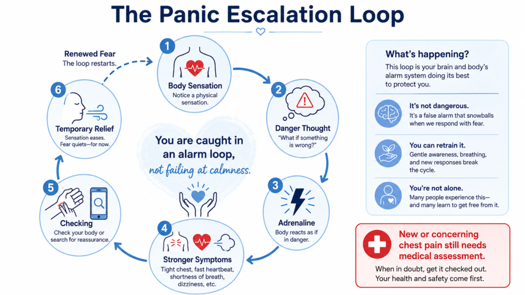 Circular diagram showing how chest sensations, danger thoughts, adrenaline, stronger symptoms, checking, and temporary relief create a panic cycle.