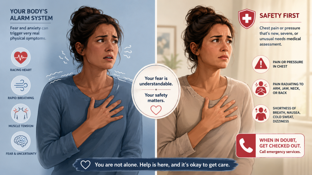 Woman experiencing chest pain with anxiety body-alarm symptoms and heart attack warning signs shown side by side.