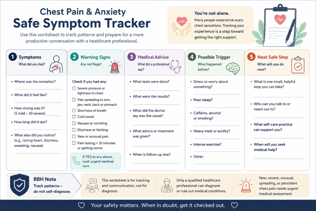 Chest pain and anxiety worksheet with sections for symptoms, warning signs, medical advice, possible triggers, and the next safe step.
