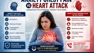 Woman holding her chest beside a comparison of anxiety chest pain symptoms and heart attack warning signs.