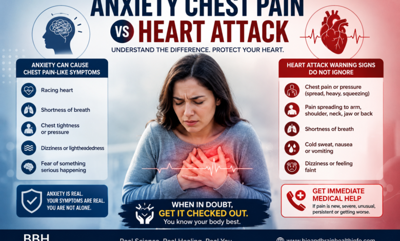 Woman holding her chest beside a comparison of anxiety chest pain symptoms and heart attack warning signs.