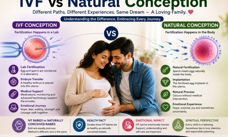 IVF vs natural conception comparison showing IVF pregnancy vs natural pregnancy, IVF babies, emotional impact, and spiritual meaning