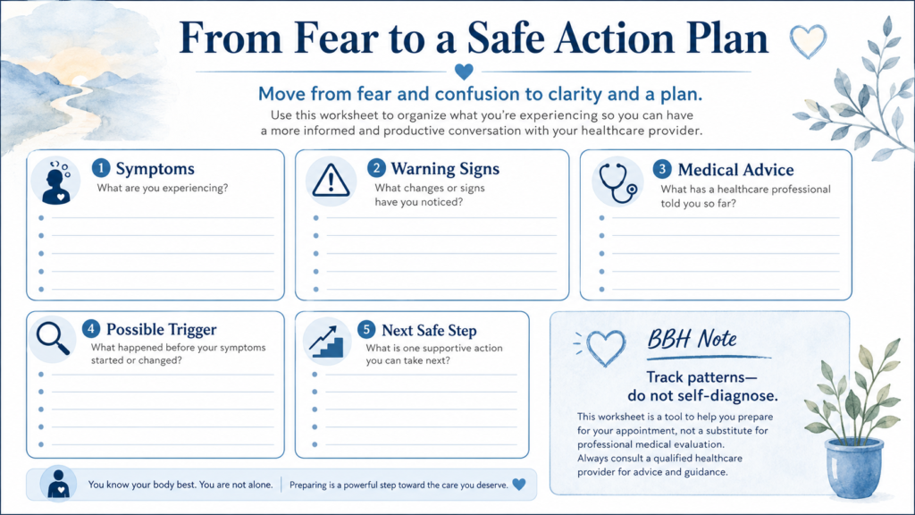 Chest pain and anxiety tracking worksheet with symptoms, warning signs, medical advice, possible trigger, and next safe step.
