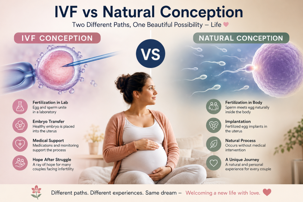 IVF vs natural conception comparison showing IVF pregnancy vs natural pregnancy, baby health, and emotional impact of IVF