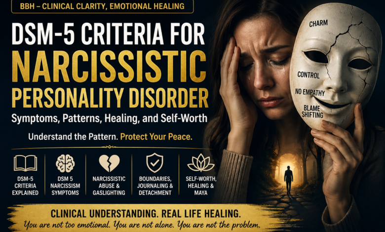 DSM-5 criteria for narcissistic personality disorder explained with NPD symptoms, narcissistic abuse, gaslighting, boundaries, and healing awareness.