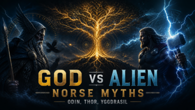 God vs alien Norse myths showing Odin spiritual meaning, Thor hammer meaning, Yggdrasil spiritual meaning, and Norse divine wisdom