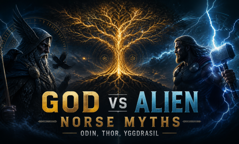 God vs alien Norse myths showing Odin spiritual meaning, Thor hammer meaning, Yggdrasil spiritual meaning, and Norse divine wisdom