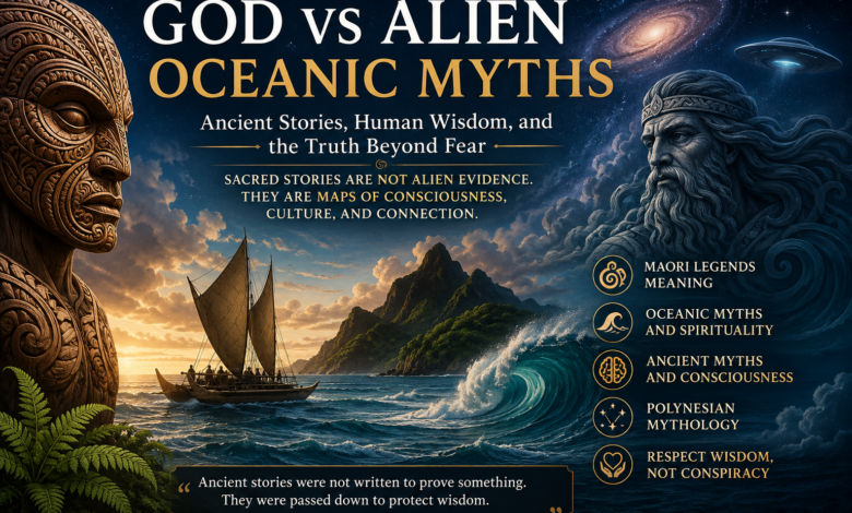 God vs alien oceanic myths showing Maori legends meaning, Oceanic myths and spirituality, Polynesian mythology, and ancient myths and consciousness.
