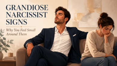 Person feeling small and emotionally unheard beside someone showing grandiose narcissist signs in a relationship