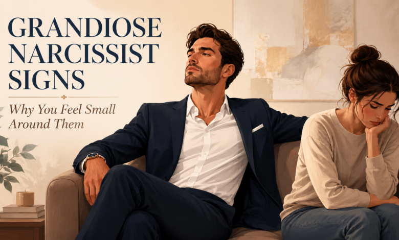 Person feeling small and emotionally unheard beside someone showing grandiose narcissist signs in a relationship