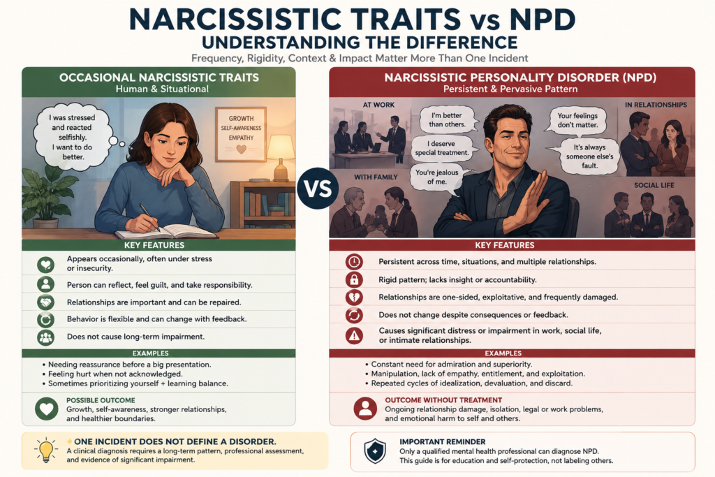 Comparison of occasional narcissistic traits and persistent narcissistic personality disorder patterns across work, family, social life, and relationships.