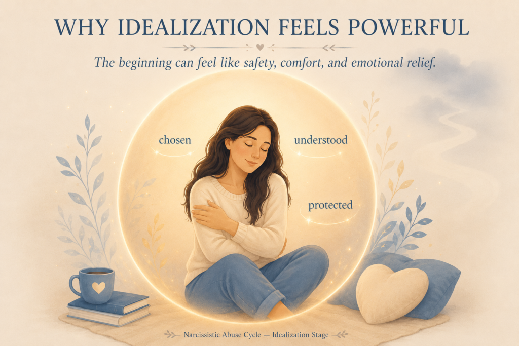 Woman feeling chosen, understood and protected during the idealization stage of the narcissistic abuse cycle