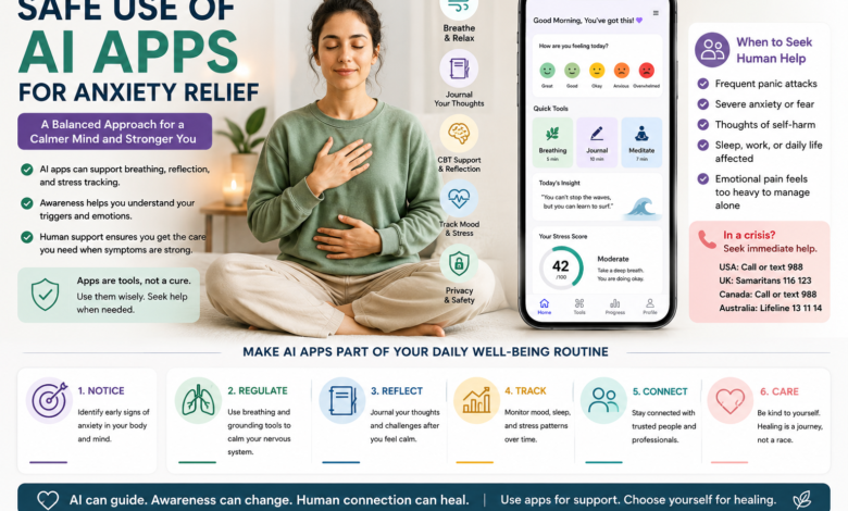 AI apps for anxiety relief with anxiety relief apps, AI mental health apps, breathing apps for anxiety, HRV stress tracking, privacy, and human support.