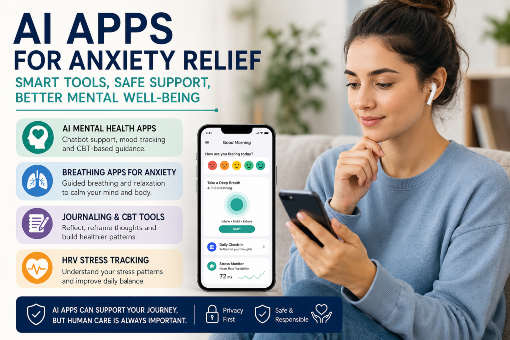 AI apps for anxiety relief with anxiety relief apps, AI mental health apps, breathing apps for anxiety, and HRV stress tracking support.