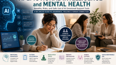 AI emotional intelligence mental health showing AI mental health support, emotion AI, AI therapy chatbot safety, and human care for emotional healing.