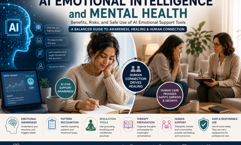 AI emotional intelligence mental health showing AI mental health support, emotion AI, AI therapy chatbot safety, and human care for emotional healing.