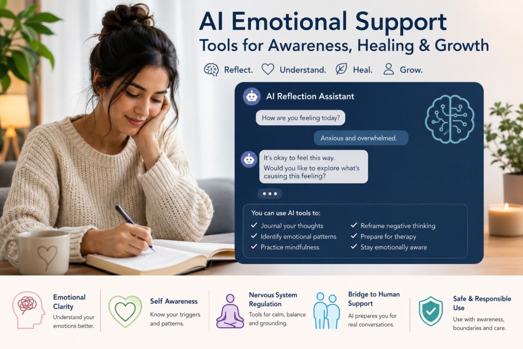 AI emotional intelligence mental health support showing AI emotional support tools for emotional awareness, reflection, and nervous system regulation.