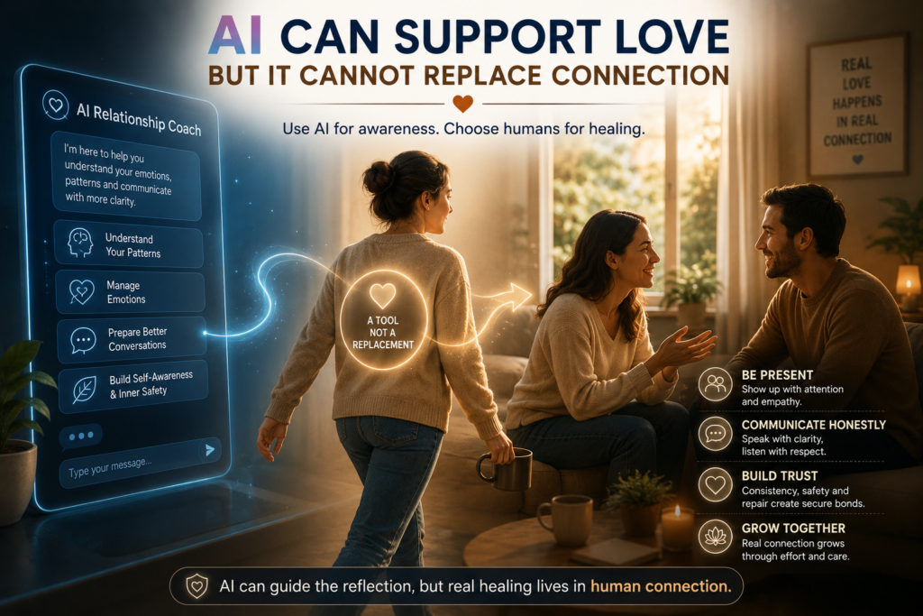 AI emotional support helping people use an AI relationship coach for awareness while choosing real human connection