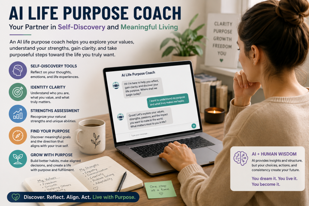 AI life purpose coach helping with self-discovery tools, identity clarity, strengths assessment, and finding purpose with AI.