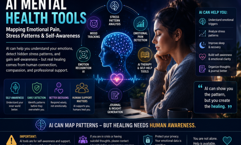 AI mental health tools for emotional pain mapping, stress pattern analysis, emotion recognition AI, and human support